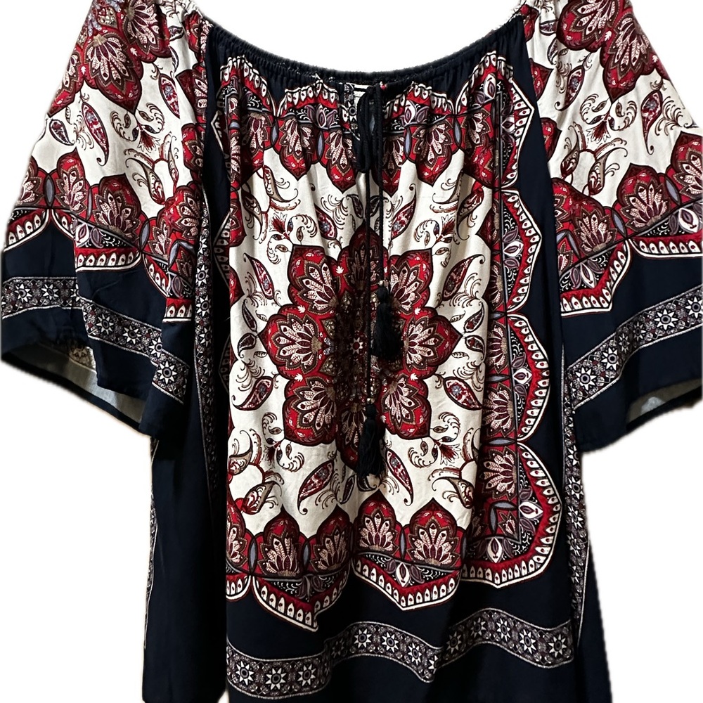 XL Bohemian Style Navy Blue, Red & White blouse - NWOT